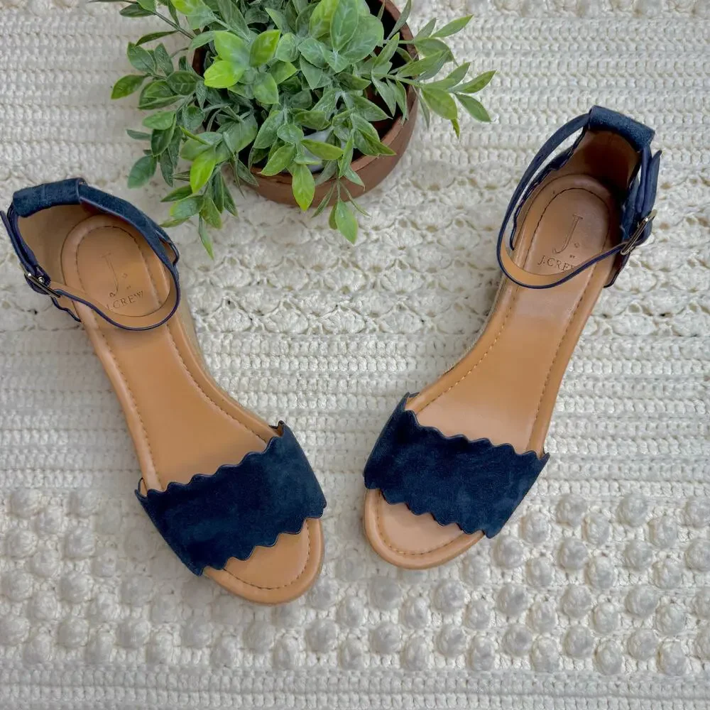 J. CREW Women's 10 Suede Leather Scalloped Flatform Espadrille Shoes Navy Tan